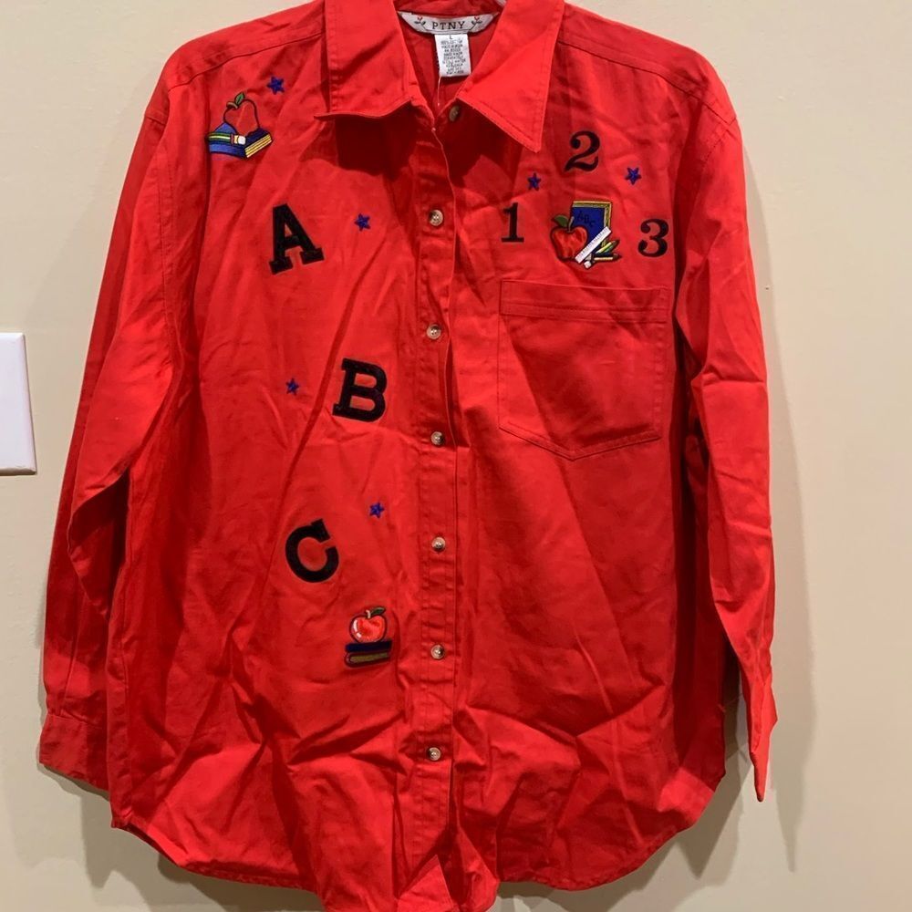PTNY Whimsical Teacher Alphabet Education ABC 123 Red Buttondown Large Shirt